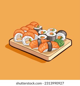 Digital vector illustration of salmon sushi on the plate