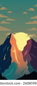 A digital vector illustration showing a sunrise behind colorful mountains. The scene includes mountains in dark blue, orange, maroon, and green tones.