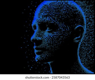Digital vector illustration shows a human face profile composed of blue dots on a black background, evoking a futuristic and technological feel, resembling digital data or particles.