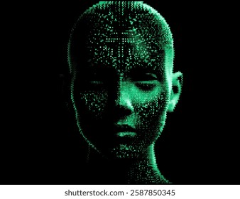 Digital vector illustration shows a human face composed of green dots on a black background, evoking a futuristic and technological feel, resembling digital data or particles.