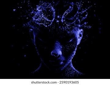 Digital vector illustration shows a human face composed of blue dots on a black background, evoking a futuristic and technological feel, resembling digital data or particles.