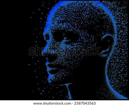 Digital vector illustration shows a human face profile composed of blue dots on a black background, evoking a futuristic and technological feel, resembling digital data or particles.