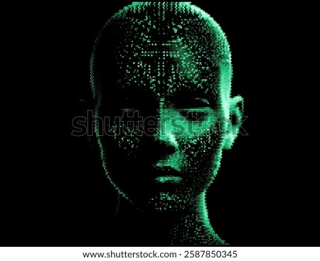 Digital vector illustration shows a human face composed of green dots on a black background, evoking a futuristic and technological feel, resembling digital data or particles.