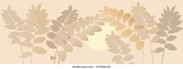 Digital vector illustration - silhouettes leaves with golden outline and light yellow circle on light beige. Luxurious art deco wallpaper design for print, poster, cover, banner, fabric, invitation.