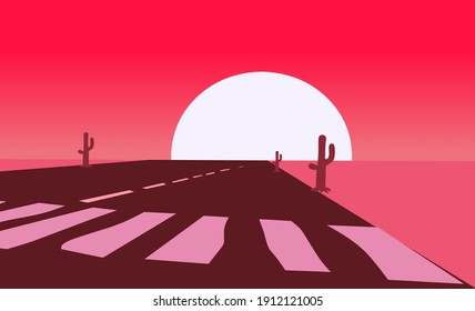 Digital vector illustration of sunset and highway with red concept in desert. Suitable for wall decoration, wallpaper, wall painting, web template, graphics resources. 
