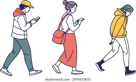 Digital vector illustration, women and man using mobile phone while walking
