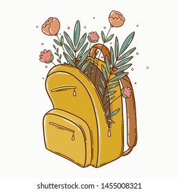 Digital vector illustration of a yellow backpack with pink flowers and green leaves popping out of it.