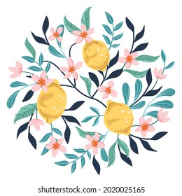 Ilustración vectorial digital de la flor de cítricos limoneros amarillos y hojas azules y verdes en forma circular aisladas en fondo blanco