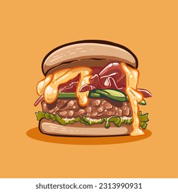 Digital vector illustration of yummy and greasy burger