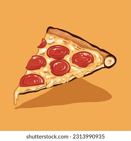 Digital vector illustration of yummy and greasy slice of pizza