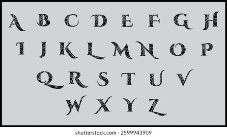 A digital vector image featuring a grid of uppercase English letters, each rendered in a distressed, black, textured font on a light gray background. The letters are evenly spaced.