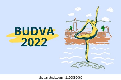Digital vector image. Panorama of montenegro.View of the old town of Budva.Graphic sketch of ballerina sculpture. Drawing print.Eps horizontal 
template design for card, banner