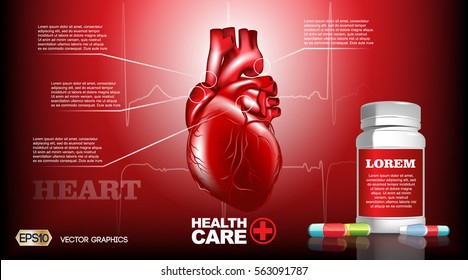 Digital Vector Infographic Realistic Human Heart. Premium Quality Illustration Detailed Organs. Health Care Pills