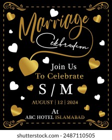A digital vector invitation card for a marriage celebration, featuring elegant gold and white typography, hearts, and decorative borders against a black background.