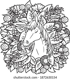 A digital vector line art illustration of a unicorn surrounded by flowers, leaves and glittering, sparkling gold color cloud. 