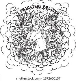 A digital vector line art illustration of a unicorn surrounded by flowers, leaves and glittering, sparkling gold color cloud. 