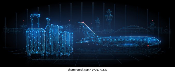 Digital vector luggage at airport, airplane and control tower in background. Boarding a plane, air travel concept. Abstract low poly dark blue wireframe consisting of stars, dots, stars and particles