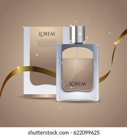 Digital vector Luxury Golden perfume glass container mockup, with your brand, ready for print ads or magazine design. Transparent and shine, realistic 3d style