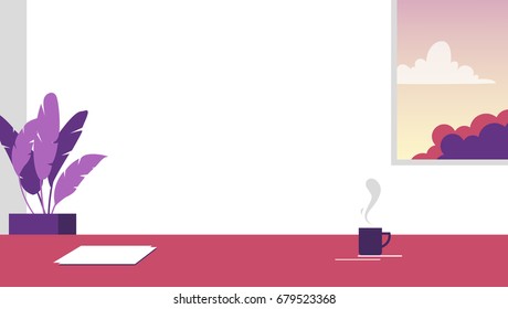 Digital Vector modern office room. Flat style. Writing desk. Window view. Background for characters, animation, advertise