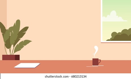 Digital Vector modern office room. Flat style. Writing desk. Window view