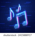 A digital vector notes icon on blue representing music, a song, melody, or tune, designed for use in musical applications and websites. Neon style