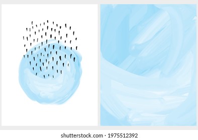 Digital Vector Painting with Blue Circle and Black Ink Spots. Abstract Minimalist Art. Pastel Blue Background. Modern Print ideal for Card, Wall Art, Layout,  Room Decoration.