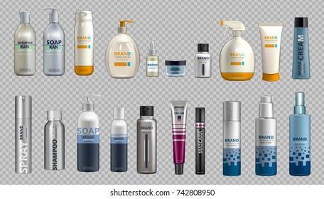 Digital Vector Realistic Bottles Set Coleção Mockup. Cosméticos cuidados com o corpo e cuidados com o cabelo