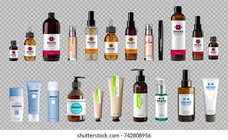 Digital Vector Realistic Bottles Set Collection Mockup. Cosmetics body care and hair care