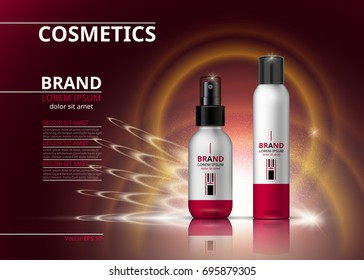 Botellas de cosmética digital vectorial realista. Productos de belleza para el tratamiento capilar o el cuidado corporal. paquete de diseño de etiqueta de logotipo. Colección de conjunto 3d con fondo de efectos espumosos