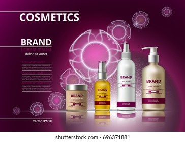 Digital Vector Realistic Cosmetics set collection packages. Hydrating cream, oil, spray and serum. Bottles for beauty products with logo label design. 3d set collection on sparkling background