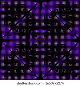 Digital vector seamless pattern. Dotted ornamental squares background. Geometric repeat halftone backdrop. Geometrical dark violet abstract ornaments. Modern half tone textured design. Dots, shapes.