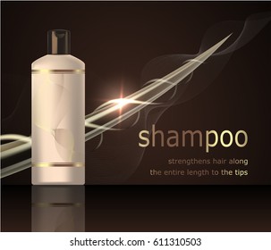 Digital vector shampoo strengthens hair mockup on a dark background, with your brand, Realistic 3d style Vector template