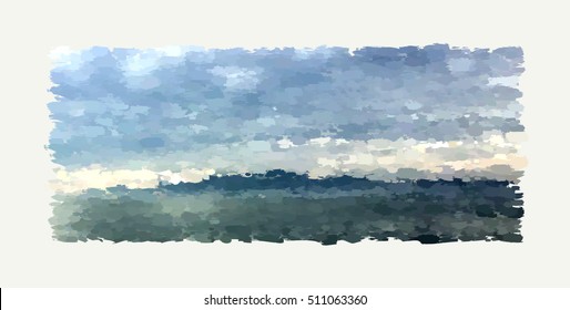 Digital vector simulation of oil painting in impressionist style. Sunrise on the sea.