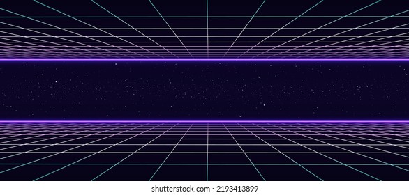 Paisaje retro del espacio vectorial digital en el estilo de los años 80. Cuadrícula de doble perspectiva futurista. Fondo Retro Sci-Fi de los años 80. Portada o banner del álbum al estilo de los años 80-90.