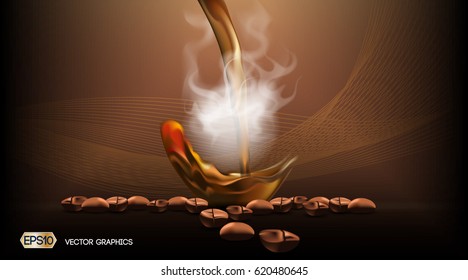 Digital Vector Steaming coffee Background with coffee beans. Ready for product placement and infographic, poster, ads, print or magazine