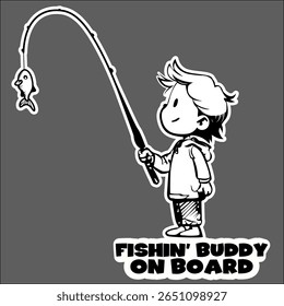 Digital vector sticker of a happy boy catching a big fish while fishing outdoors.