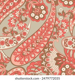 Digital vector textile print. Seamless Design suitable for covers, fabrics, textiles, wrapping paper, featuring an antique Thai pattern Paisley Indian motifs and decorative floral elements