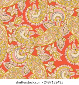 Digital vector textile print. Seamless Design suitable for covers, fabrics, textiles, wrapping paper, featuring an antique Thai pattern Paisley Indian motifs and decorative floral elements