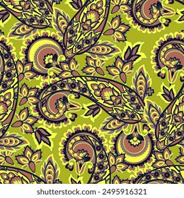 Digital vector textile print. Seamless Design suitable for covers, fabrics, textiles, wrapping paper, featuring an antique Thai pattern Paisley Indian motifs and decorative floral elements
