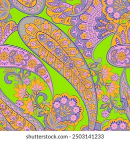 Impresión textil de Vector digital. Diseño sin costuras adecuado para cubiertas, telas, textiles, papel de embalaje, con un antiguo patrón tailandés Paisley motivos indios y Elementos florales decorativos