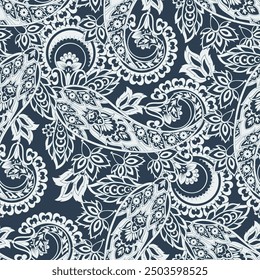 Digital vector textile print. Seamless Design suitable for covers, fabrics, textiles, wrapping paper, featuring an antique Thai pattern Paisley Indian motifs and decorative floral elements