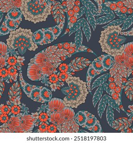 Impressão têxtil vetorial digital. Design sem costura adequado para capas, tecidos, têxteis, papel de embrulho, com um antigo padrão tailandês Paisley motivos indianos e elementos florais decorativos