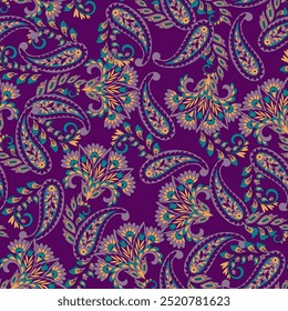 Impressão têxtil vetorial digital. Design sem costura adequado para capas, tecidos, têxteis, papel de embrulho, com um antigo padrão tailandês Paisley motivos indianos e elementos florais decorativos