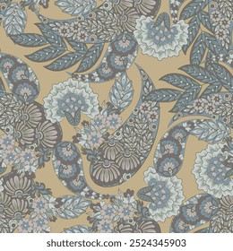 Digital vector textile print. Seamless Design suitable for covers, fabrics, textiles, wrapping paper, featuring an antique Thai pattern Paisley Indian motifs and decorative floral elements