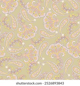 Digital vector textile print. Seamless Design suitable for covers, fabrics, textiles, wrapping paper, featuring an antique Thai pattern Paisley Indian motifs and decorative floral elements