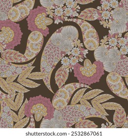 Digital vector textile print. Seamless Design suitable for covers, fabrics, textiles, wrapping paper, featuring an antique Thai pattern Paisley Indian motifs and decorative floral elements