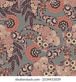 Impressão têxtil vetorial digital. Design sem costura adequado para capas, tecidos, têxteis, papel de embrulho, com um antigo padrão tailandês Paisley motivos indianos e elementos florais decorativos