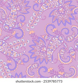 Digital vector textile print. Seamless Design suitable for covers, fabrics, textiles, wrapping paper, featuring an antique Thai pattern Paisley Indian motifs and decorative floral elements