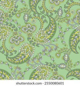 Digital vector textile print. Seamless Design suitable for covers, fabrics, textiles, wrapping paper, featuring an antique Thai pattern Paisley Indian motifs and decorative floral elements
