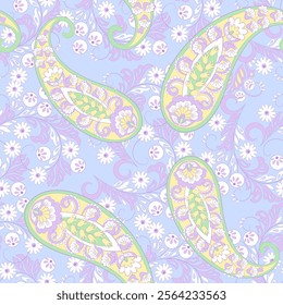 Digital vector textile print. Seamless Design suitable for covers, fabrics, textiles, wrapping paper, featuring an antique Thai pattern Paisley Indian motifs and decorative floral elements
